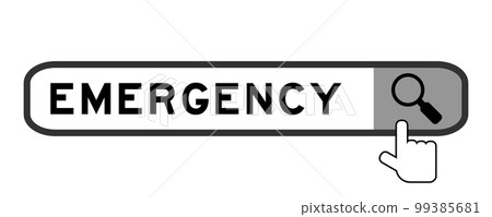 Search banner in word emergency with hand over magnifier icon on white background 99385681