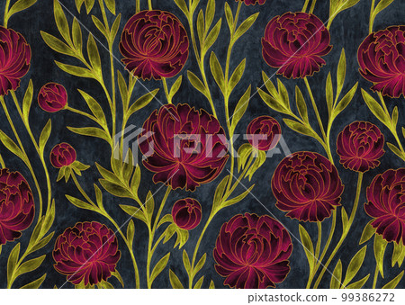 Vintage floral seamless pattern. Watercolor painting bright burgundy peony flowers with golden contours on textured dark gray background. Vintage floral seamless pattern. Watercolor painting bright burgundy peony flowers with golden contours on textured dark gray background. 99386272