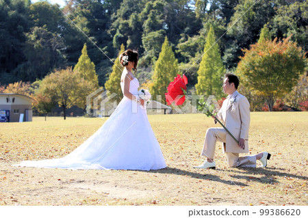 新娘和新郎穿著婚紗和燕尾服在清爽的草坪公園拍攝 99386620