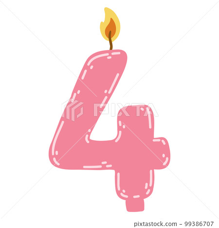 Candle number four in flat style. Hand drawn vector illustration of 4 symbol burning candle, design element for birthday cakes 99386707