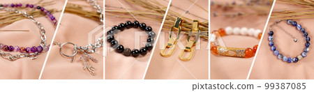 Jewelry set. Jewelry accessories collage. Product still life concept. Bracelets, necklaces, earrings made of natural stone, banner, beige light background 99387085