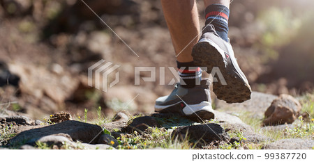 Trail running athlete exercising for fitness and health outdoors on mountain pathway, closeup of running shoes in action Trail running athlete exercising for fitness and health outdoors on mountain pathway, closeup of running shoes in action 99387720