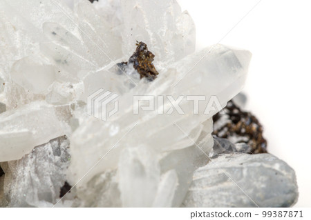 Macro mineral stone Drusus quartz with sphalerite in the rock a white background 99387871