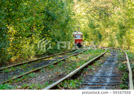 Tram and tram rails in colorful forest Tram and tram rails in colorful forest 99387898