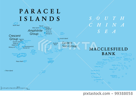 Paracel Islands political map. Also known as Xisha Islands or Hoang Sa Archipelago. Disputed archipelago in the South China Sea. The Macclesfield Bank is a sunken Atoll of underwater reefs and shoals. 99388058