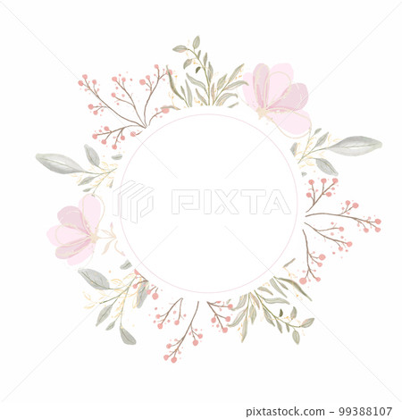 Vector round frame with watercolor flowers and leaves on white background in pastel colors. 99388107