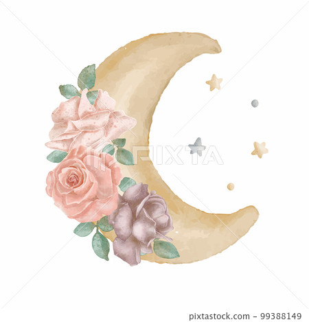 Eid mubarak arabic lantern watercolor, Moon of ramadan kareem with painting of bloom flower on greeting card, Eid mubarak background with water color ornaments and laterns. 99388149