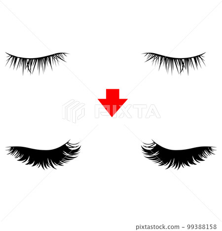 應用眉毛延伸假睫毛矢量之前和之後的眼睛插圖 99388158