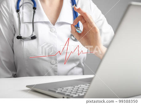 Doctor reporting electrocardiogram results to patient online using laptop. Telemedicine, telehealth concept. Woman in lab coat showing no heart problems with ok hand gesture via videocall 99388350