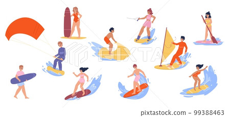 Water sports characters, surfing and windsurfing activities summer. Cartoon happy teens surfers, young adult on sup board in sea, snugly vector set 99388463