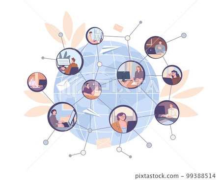 Worldwide social network, communication business people or international corporate collaboration. Remote interaction office kicky vector characters Worldwide social network, communication business people or international corporate collaboration. Remote interaction office kicky vector characters 99388514