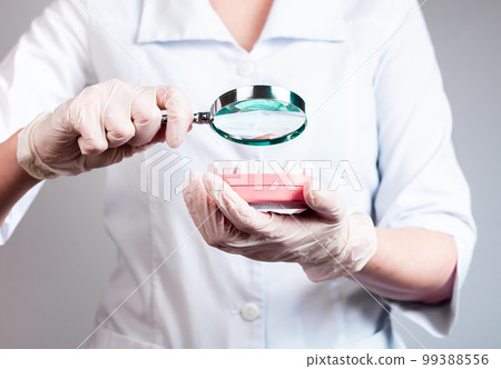 Dentist with magnifying glass over jaw model with teeth. Dental checkup conducting. Decay, gum diseases prevention and detection. Health care, stomatology concept 99388556