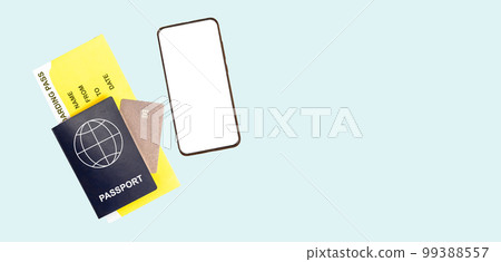 Banner with mockup of mobile app for travel, passport, boarding pass and credit card on blue background. Tourism concept. Necessary items for air journey. Copy space 99388557