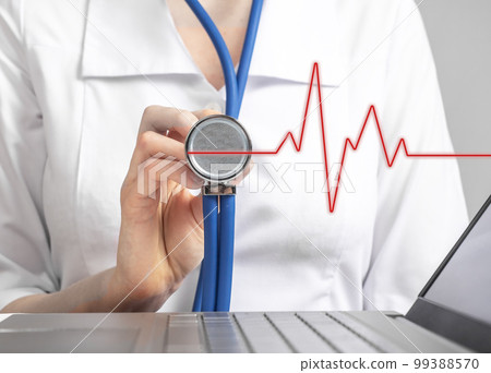 Doctor with stethoscope in hand listening to patient heart. Abnormal heartbeats, cardiovascular diseases detection concept. Health care, medicine concept. Cardiologist profession 99388570