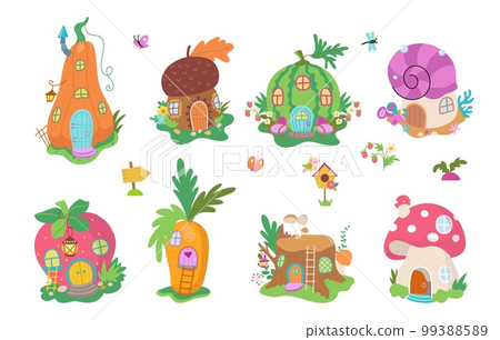Magic gnome houses, cartoon magic forest elements. Dwarf and fairy lady home in mushroom and pumpkin. Children magical tale nowaday vector set 99388589