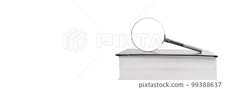 Banner with book and magnifying glass isolated on white background. Education and science concept. Useful information search by means of reading. Copy space 99388637