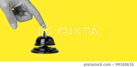 Banner with forefinger pressing on call bell on yellow background. Paying attention, alarm concept. Signal in hotel, restaurant, store. Place for text 99388638