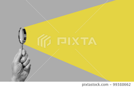 Man hand with magnifying glass. Yellow ray coming from loupe. Conducting check, information search and analysis concept. Spy, accountant, auditor job in abstract style. Man hand with magnifying glass. Yellow ray coming from loupe. Conducting check, information search and analysis concept. Spy, accountant, auditor job in abstract style. 99388662