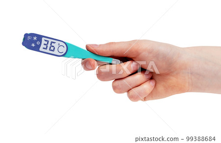 Woman hand with thermometer model showing normal body temperature 36 isolated on white background. Health care, recovery from illness, control over wellbeing concept. 99388684