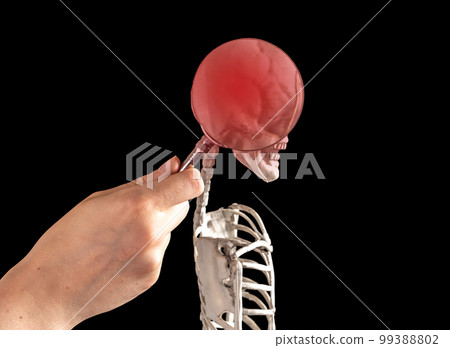 Hand holding magnifying glass over human skull, brain with red point. Tumor, cancer, neurological disorders, trauma concept. Hand holding magnifying glass over human skull, brain with red point. Tumor, cancer, neurological disorders, trauma concept. 99388802