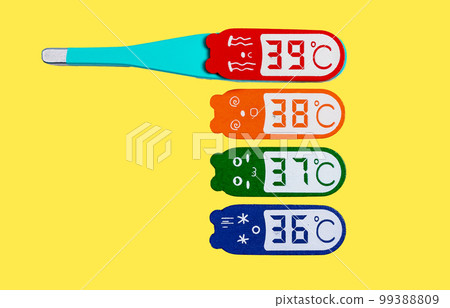 Thermometer model showing fever reducing and temperature going down from high 39 to normal 36. Health care, recovery from infection concept. Kids game at doctor. 99388809