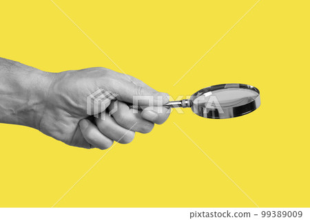 Magnifying glass in man hand on yellow background. Information search and analysis concept. Conducting check 99389009