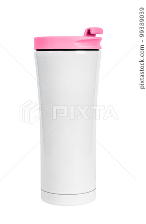 Thermo cup, travel tumbler isolated on white background. Thermal coffee, hot drink mug, metal flask with pink closed cap, lid. Vaccuum thermos Thermo cup, travel tumbler isolated on white background. Thermal coffee, hot drink mug, metal flask with pink closed cap, lid. Vaccuum thermos 99389039
