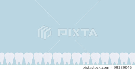 Banner with teeth border on blue background. Oral hygiene, dental care and stomatology concept. Space for text 99389046