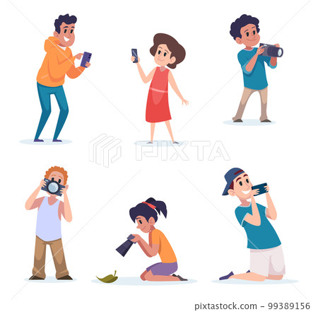 Kids photographers. Little artists making digital photo on high end modern gadgets cameras and smartphones exact vector cartoon template 99389156
