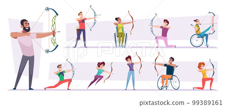 Archers. Disability sport characters shooting to aim exact vector people in cartoon style Archers. Disability sport characters shooting to aim exact vector people in cartoon style 99389161