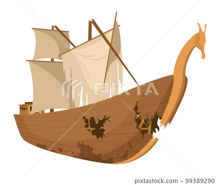 Broken ship icon. Cartoon wooden battered ship with tattered flag and sails after wreck or attack. Destroyed, wreck ship isolated on white background 99389290