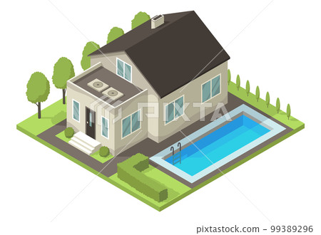 Isometric cottage. Suburb house composition with swimming pool and lawn vector illustration. Infographic element representing suburban building. Private house enterprises of real estate 99389296