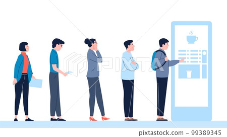 Waiting line to coffee machine. Morning popular drink, people need energy and wake up. Queue to drinks vending machine in hospital, office or mall, vector scene Waiting line to coffee machine. Morning popular drink, people need energy and wake up. Queue to drinks vending machine in hospital, office or mall, vector scene 99389345