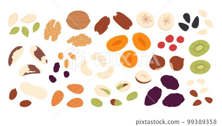 Dried fruits seeds and nuts. Crunchy fruit, dry fresh nut, banana, apricot. Granola cereal, morning nature healthy food. Breakfast or snack racy vector set Dried fruits seeds and nuts. Crunchy fruit, dry fresh nut, banana, apricot. Granola cereal, morning nature healthy food. Breakfast or snack racy vector set 99389358