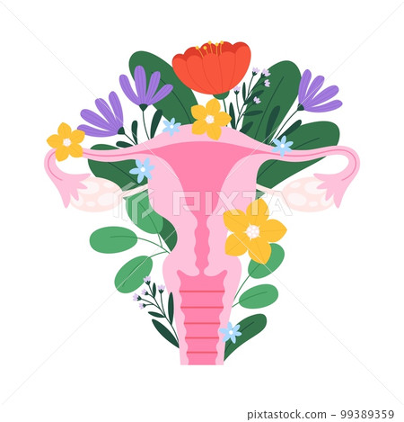 Female reproductive system, ovaries uterus, reproduction organs. Anatomy woman concept with flowers, fertility or menopause abstract racy vector poster 99389359