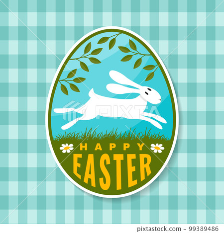 Happy Easter to you card, sticker, patch. Vector illustration. Typography design with rabbit and hand eggs. Modern minimal style. Easter Egg Hunt. Spring holiday. 99389486