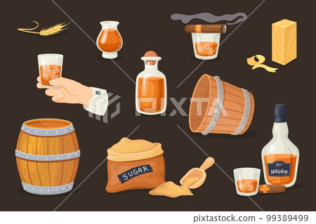 Whiskey advertisement. Cartoon whisky products, glencairn glass bourbon liquor scotch bottle man hand hold shot rum ice cube, bar wooden barrel alcohol beverage vector illustration 99389499