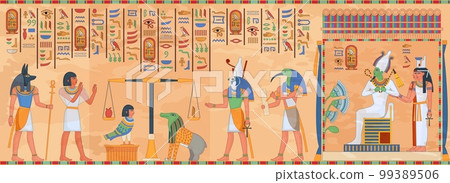 Egyptian mural. Egypt temple religious fresco, ethnic ancient murals antiquity art wall antique mythology hieroglyph ornament frame death borderwall ingenious vector illustration 99389506