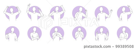 Basic body language. People action posture, man simple poses pictogram human thinking gesture pointing, hand arm sign normal actions or symbol figure, swanky vector illustration 99389508