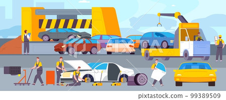 Car junkyard. Recycling metal scrap abandoned cars, dismantling old rusty auto junk, scrapyard trash vehicle dump mechanics parts smashed automobile, splendid vector illustration 99389509