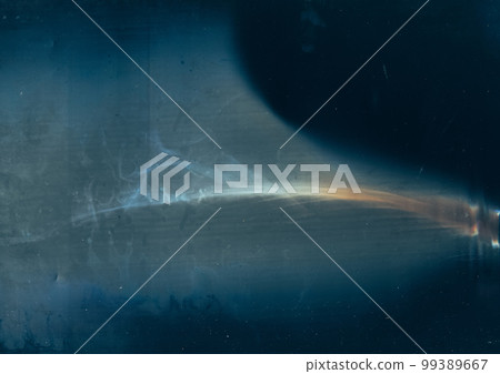 Distressed texture. Old film. Vintage overlay. Blue orange stains defect dust scratches on dark worn grunge illustration abstract background. 99389667