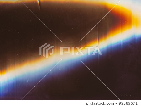 Old film. Retro overlay. Distressed texture. Blue orange white rainbow color light flare dust scratches on dark weathered illustration abstract background. 99389671