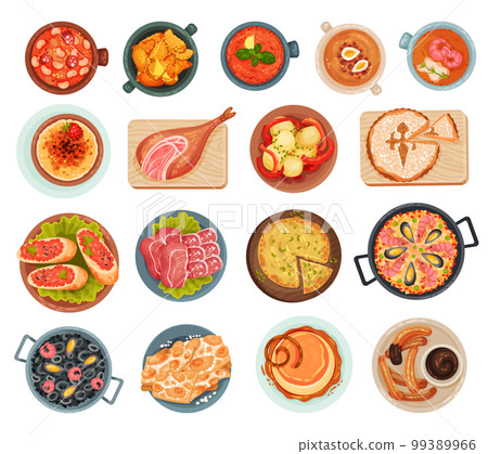 Spanish Dish and Food Served for Restaurant Menu as National Cuisine Big Vector Set 99389966