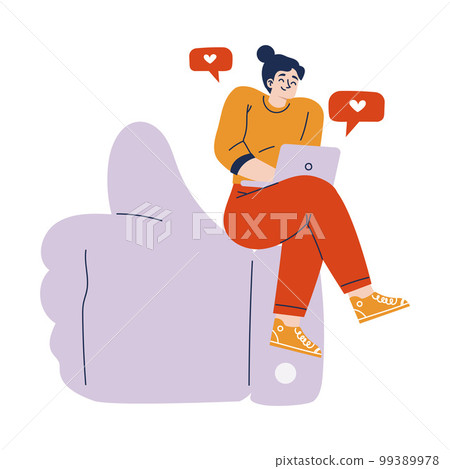 Social Network with Young Woman on Thumb Up with Laptop Share and Like Post Vector Illustration 99389978