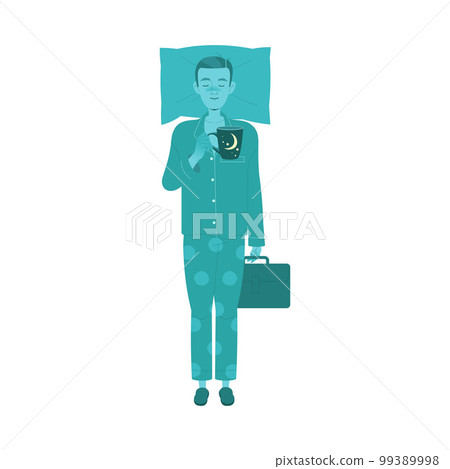 Sleeplessness with Man in Pajamas at Office with Coffee Feeling Sleepy During Daytime Suffer from Insomnia and Sleep Disorder Vector Illustration 99389998