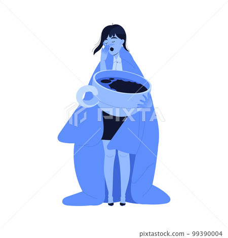Sleeplessness with Yawning Woman in Office Wrapped in Blanket and Holding Coffee Cup Suffer from Insomnia and Sleep Disorder at Night Vector Illustration 99390004