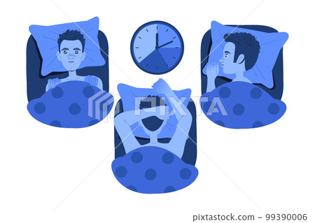 Sleeplessness with Man in Bed Suffer from Insomnia and Sleep Disorder Vector Illustration 99390006