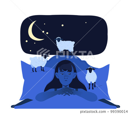 Sleeplessness with Woman in Bed Counting Sheeps Suffer from Insomnia and Sleep Disorder Vector Illustration 99390014