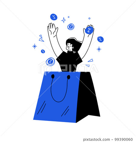 Woman Character Peeking Out From Bag Doing Shopping and Purchase Vector Illustration 99390060