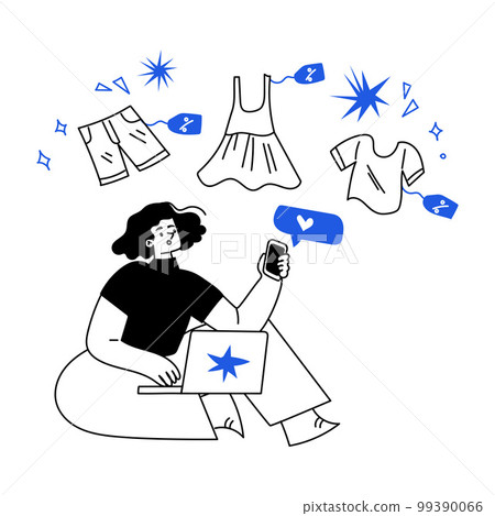 Woman Character Doing Online Shopping and Purchase Sitting at Laptop Vector Illustration Woman Character Doing Online Shopping and Purchase Sitting at Laptop Vector Illustration 99390066
